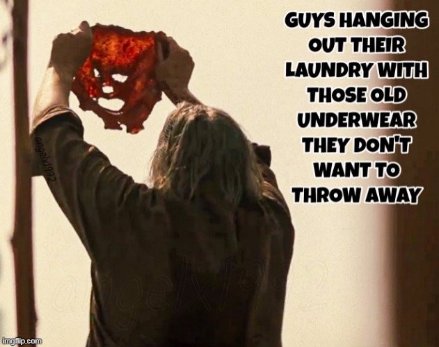 image tagged in leatherface,texas chainsaw massacre,underwear,briefs,laundry,horror movie | made w/ Imgflip meme maker