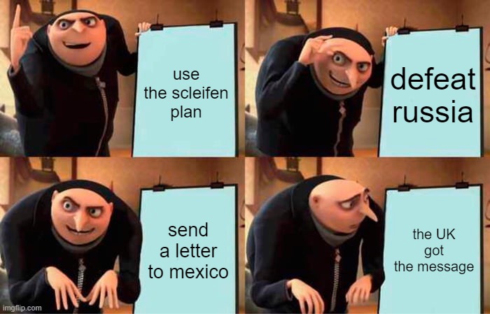 ww1 plan | use the scleifen plan; defeat russia; send a letter to mexico; the UK got the message | image tagged in memes,gru's plan | made w/ Imgflip meme maker