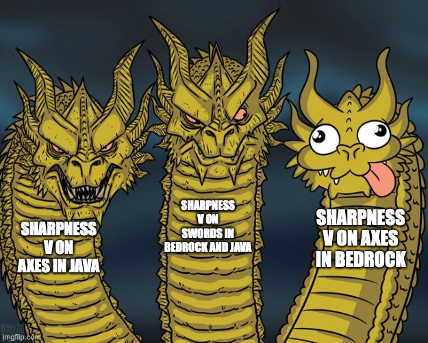 axes can't even shield disable in bedrock | SHARPNESS V ON SWORDS IN BEDROCK AND JAVA; SHARPNESS V ON AXES IN BEDROCK; SHARPNESS V ON AXES IN JAVA | image tagged in three-headed dragon | made w/ Imgflip meme maker