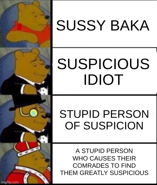 A M O G U S | SUSSY BAKA; SUSPICIOUS IDIOT; STUPID PERSON OF SUSPICION; A STUPID PERSON WHO CAUSES THEIR COMRADES TO FIND THEM GREATLY SUSPICIOUS | image tagged in winnie the pooh 4,sus | made w/ Imgflip meme maker