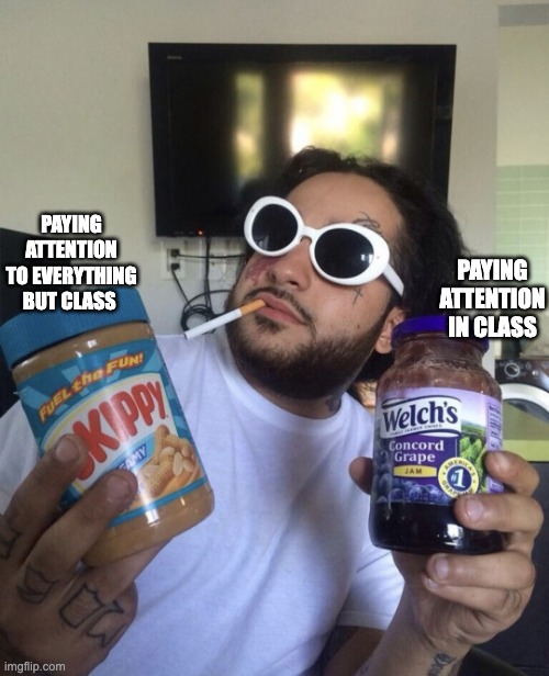 Tyler Roberts | PAYING ATTENTION IN CLASS; PAYING ATTENTION TO EVERYTHING BUT CLASS | image tagged in tyler roberts | made w/ Imgflip meme maker