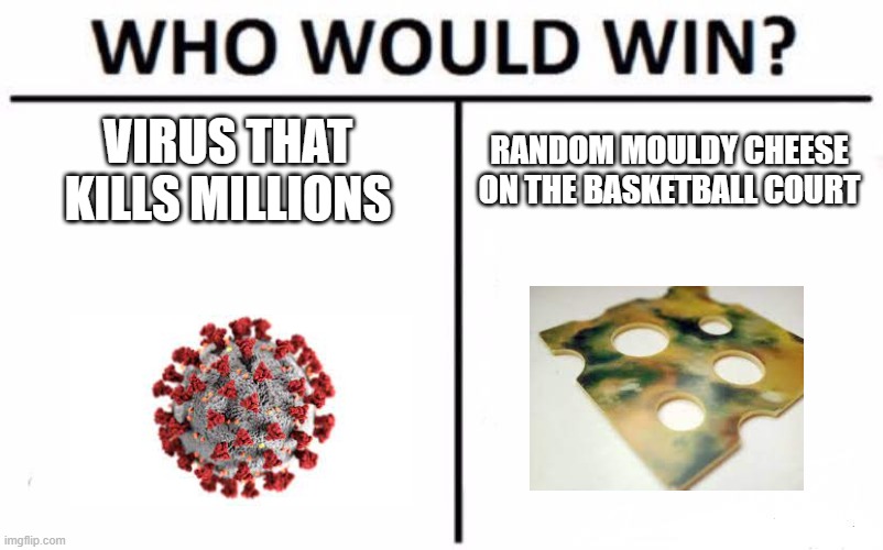 i think the cheese would | VIRUS THAT KILLS MILLIONS; RANDOM MOULDY CHEESE ON THE BASKETBALL COURT | image tagged in memes,who would win | made w/ Imgflip meme maker