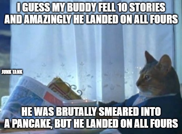 The Whole Nine Lives | I GUESS MY BUDDY FELL 10 STORIES AND AMAZINGLY HE LANDED ON ALL FOURS; JUNK TANK; HE WAS BRUTALLY SMEARED INTO A PANCAKE, BUT HE LANDED ON ALL FOURS | image tagged in memes,i should buy a boat cat,junk tank,cat,9lives | made w/ Imgflip meme maker