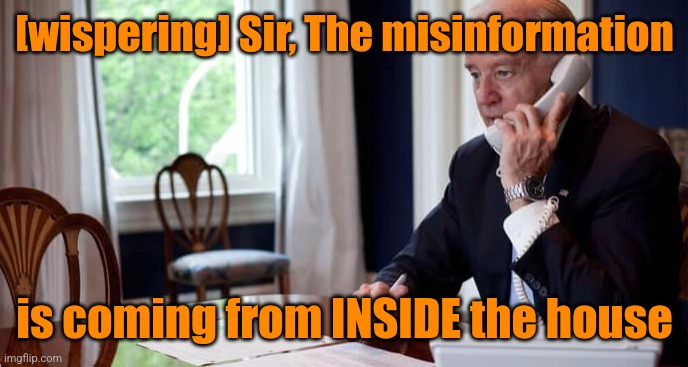 Leave the house immediately! | [wispering] Sir, The misinformation is coming from INSIDE the house | image tagged in president joe biden on the phone,scream | made w/ Imgflip meme maker