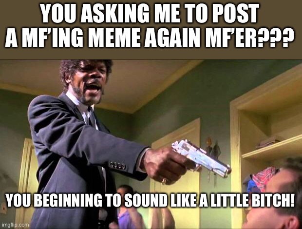 Say what again | YOU ASKING ME TO POST A MF’ING MEME AGAIN MF’ER??? YOU BEGINNING TO SOUND LIKE A LITTLE BITCH! | image tagged in say what again | made w/ Imgflip meme maker