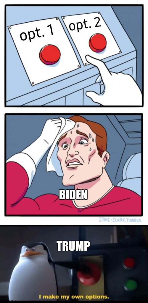 There are two types of people, 1#. nervous and cautious, 2#. fast and reckless. see my profile | opt. 2; opt. 1; BIDEN
 
 
 
TRUMP | image tagged in memes,two buttons,i make my own options | made w/ Imgflip meme maker