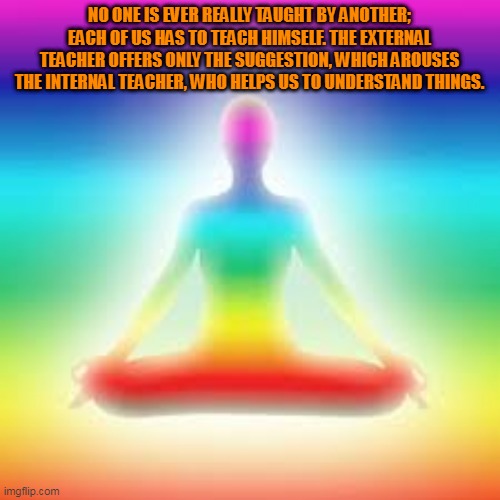 Yoga | NO ONE IS EVER REALLY TAUGHT BY ANOTHER; EACH OF US HAS TO TEACH HIMSELF. THE EXTERNAL TEACHER OFFERS ONLY THE SUGGESTION, WHICH AROUSES THE INTERNAL TEACHER, WHO HELPS US TO UNDERSTAND THINGS. | image tagged in yoga | made w/ Imgflip meme maker