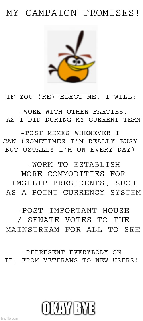 And by important I mean like changes to the constitution, or establishing something for the stream, not every old Senate vote. | MY CAMPAIGN PROMISES! IF YOU (RE)-ELECT ME, I WILL:; -WORK WITH OTHER PARTIES, AS I DID DURING MY CURRENT TERM; -POST MEMES WHENEVER I CAN (SOMETIMES I'M REALLY BUSY BUT USUALLY I'M ON EVERY DAY); -WORK TO ESTABLISH MORE COMMODITIES FOR IMGFLIP PRESIDENTS, SUCH AS A POINT-CURRENCY SYSTEM; -POST IMPORTANT HOUSE / SENATE VOTES TO THE MAINSTREAM FOR ALL TO SEE; -REPRESENT EVERYBODY ON IP, FROM VETERANS TO NEW USERS! OKAY BYE | image tagged in blank white template,campaign promises,cp,vote for me or something like that | made w/ Imgflip meme maker