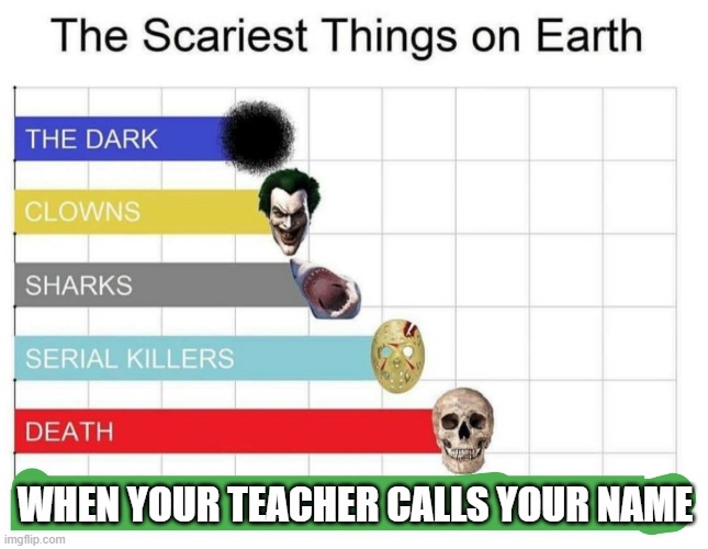 scary | WHEN YOUR TEACHER CALLS YOUR NAME | image tagged in scariest things on earth | made w/ Imgflip meme maker