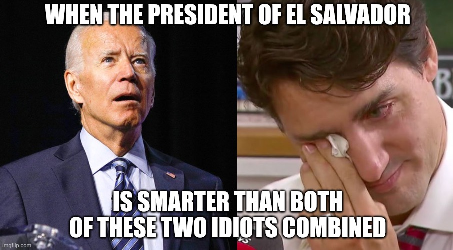 WHEN THE PRESIDENT OF EL SALVADOR IS SMARTER THAN BOTH OF THESE TWO IDIOTS COMBINED | image tagged in joe biden,justin trudeau crying | made w/ Imgflip meme maker