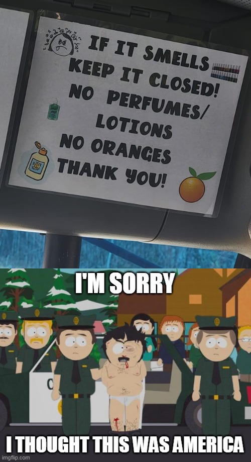 All That Nausea | I'M SORRY; I THOUGHT THIS WAS AMERICA | image tagged in i thought this was america south park,meme,memes,signs | made w/ Imgflip meme maker