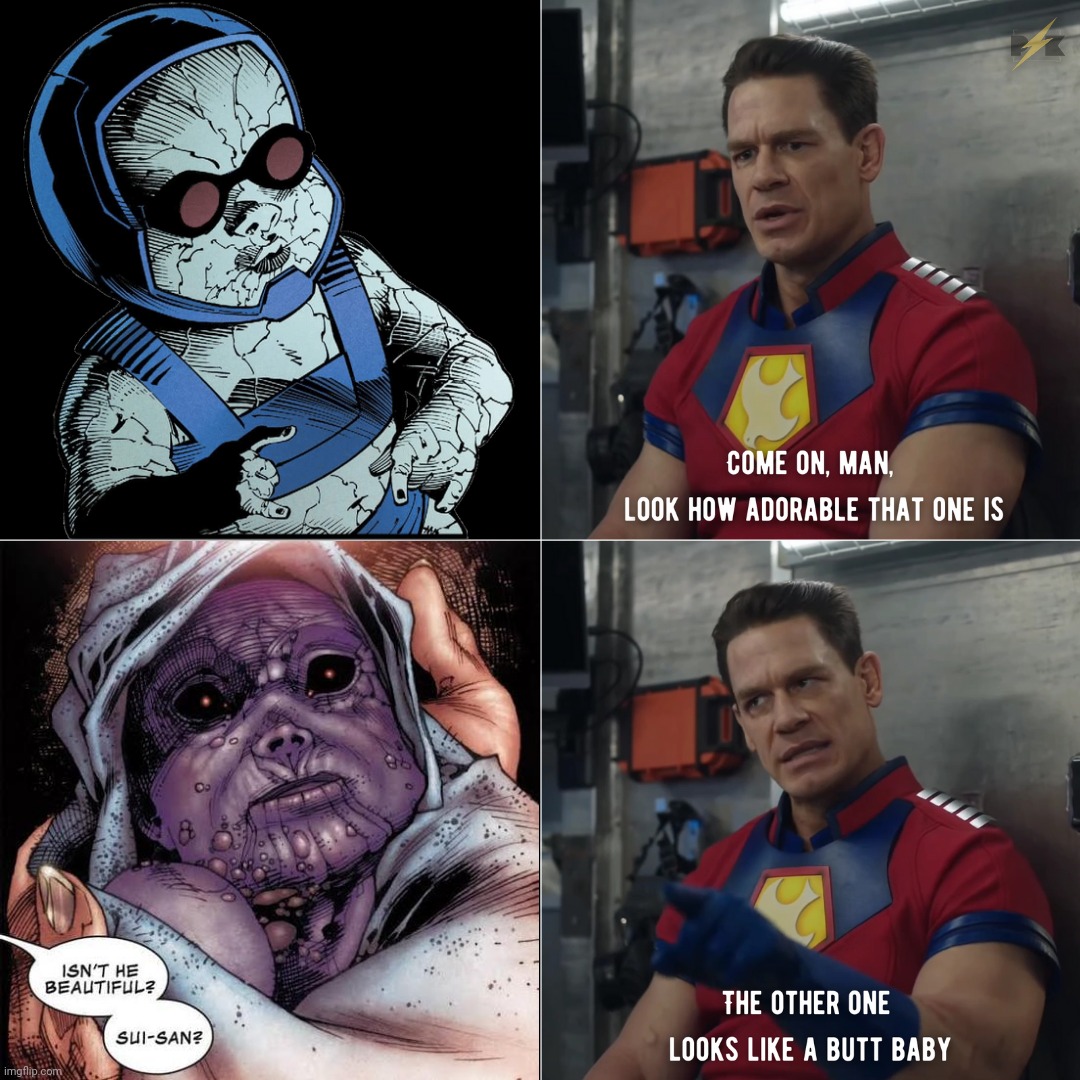 Baby Darkseid vs Baby Thanos | image tagged in darkseid,thanos,dc,marvel,peacemaker,ugly twins | made w/ Imgflip meme maker