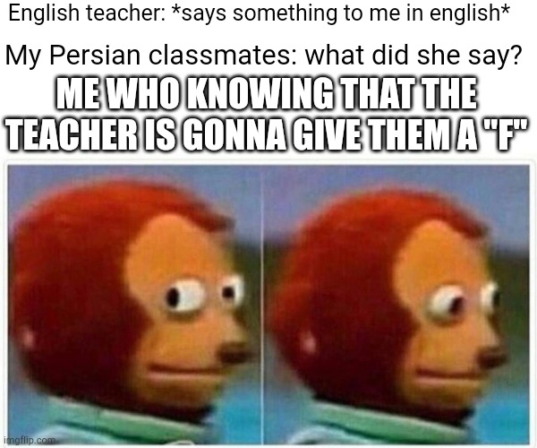 This happened to me 4 days ago | English teacher: *says something to me in english*; My Persian classmates: what did she say? ME WHO KNOWING THAT THE TEACHER IS GONNA GIVE THEM A "F" | image tagged in memes,monkey puppet | made w/ Imgflip meme maker