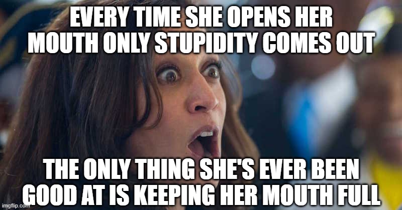 kamala harriss | EVERY TIME SHE OPENS HER MOUTH ONLY STUPIDITY COMES OUT; THE ONLY THING SHE'S EVER BEEN GOOD AT IS KEEPING HER MOUTH FULL | image tagged in kamala harriss | made w/ Imgflip meme maker