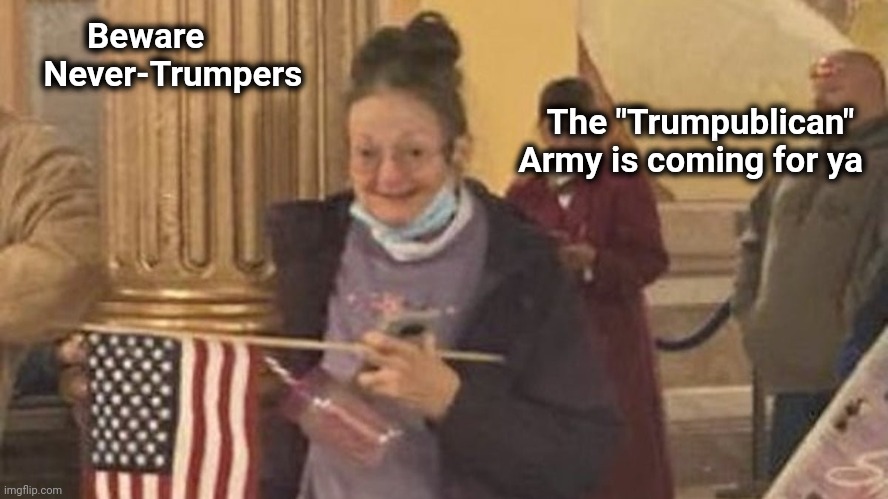 Surprisingly , not the dumbest thing I've ever heard | Beware
  Never-Trumpers; The "Trumpublican" 
Army is coming for ya | image tagged in grandma insurrection,cookie monster,chocolate chip,heatwave,warm | made w/ Imgflip meme maker
