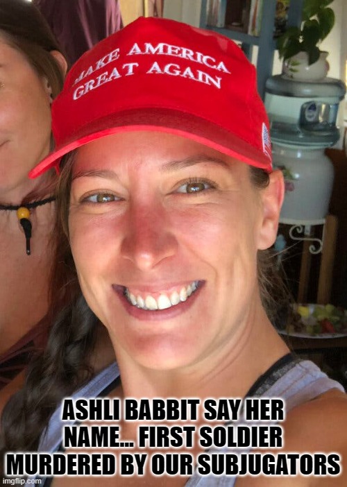 Ashli Babbitt | ASHLI BABBIT SAY HER NAME... FIRST SOLDIER MURDERED BY OUR SUBJUGATORS | image tagged in ashli babbitt | made w/ Imgflip meme maker
