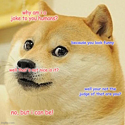 boss | why am i a joke to you humans? because you look funny; well that's not nice is it? well your not the judge of that are you? no, but i can be! | image tagged in memes,doge | made w/ Imgflip meme maker