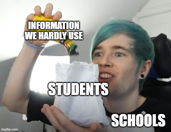 yea...where will we use the info? | INFORMATION WE HARDLY USE; STUDENTS; SCHOOLS | image tagged in dan pouring toxic waste in bag,school,dantdm | made w/ Imgflip meme maker