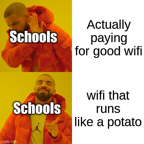 Bruh what | Actually paying for good wifi; Schools; wifi that runs like a potato; Schools | image tagged in memes,drake hotline bling | made w/ Imgflip meme maker