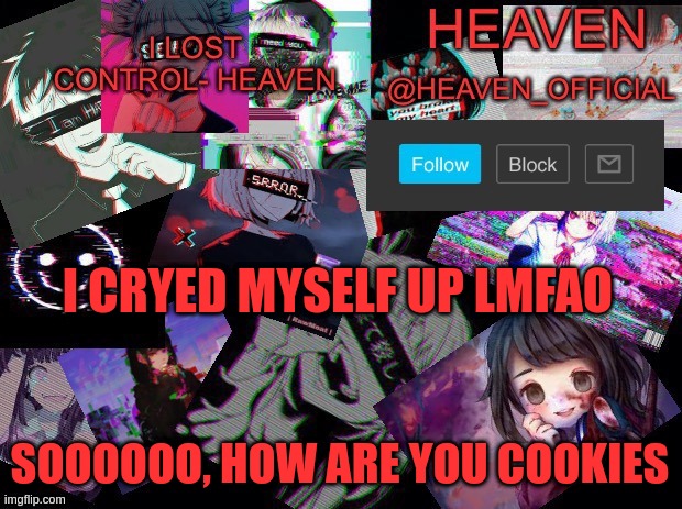 I still feel dead in the inside :3 | I CRYED MYSELF UP LMFAO; SOOOOOO, HOW ARE YOU COOKIES | image tagged in heavenly | made w/ Imgflip meme maker