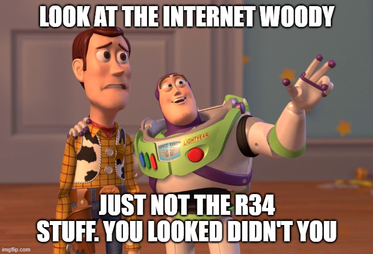 X, X Everywhere | LOOK AT THE INTERNET WOODY; JUST NOT THE R34 STUFF. YOU LOOKED DIDN'T YOU | image tagged in memes,x x everywhere | made w/ Imgflip meme maker