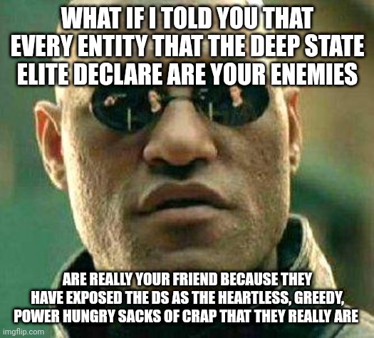 What if i told you | WHAT IF I TOLD YOU THAT EVERY ENTITY THAT THE DEEP STATE ELITE DECLARE ARE YOUR ENEMIES; ARE REALLY YOUR FRIEND BECAUSE THEY HAVE EXPOSED THE DS AS THE HEARTLESS, GREEDY, POWER HUNGRY SACKS OF CRAP THAT THEY REALLY ARE | image tagged in what if i told you,ds,do you are have stupid | made w/ Imgflip meme maker