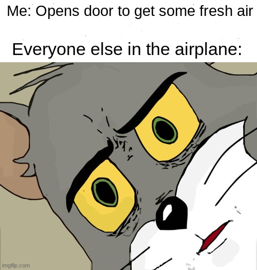 Oh No! | Me: Opens door to get some fresh air; Everyone else in the airplane: | image tagged in funny,memes,unsettled tom,big mistake | made w/ Imgflip meme maker