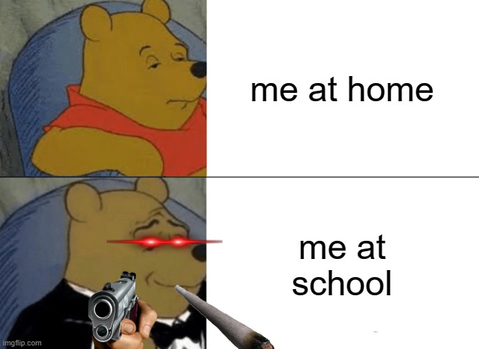 Tuxedo Winnie The Pooh | me at home; me at school | image tagged in memes,tuxedo winnie the pooh | made w/ Imgflip meme maker