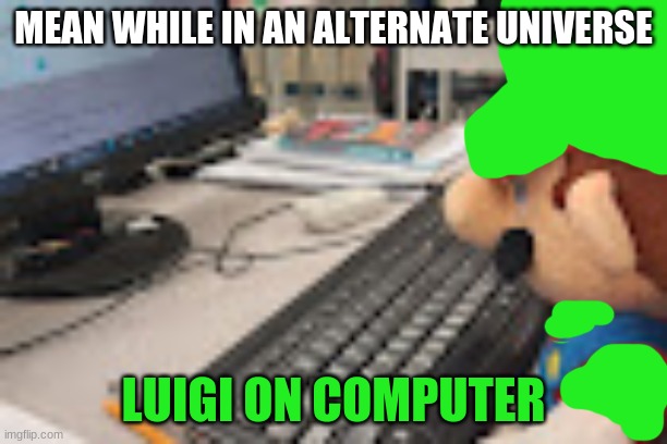 luigi | MEAN WHILE IN AN ALTERNATE UNIVERSE; LUIGI ON COMPUTER | image tagged in mario on computer | made w/ Imgflip meme maker