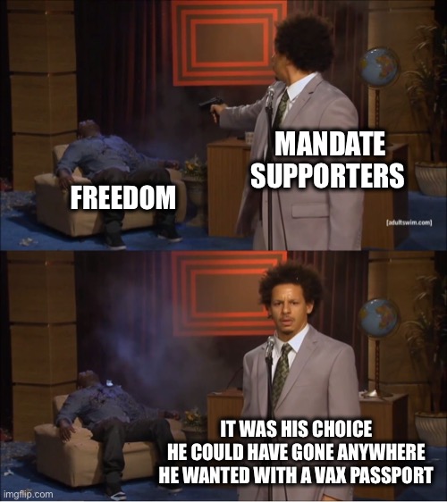 Freedom of choice | MANDATE
SUPPORTERS; FREEDOM; IT WAS HIS CHOICE 
HE COULD HAVE GONE ANYWHERE 
HE WANTED WITH A VAX PASSPORT | image tagged in memes,who killed hannibal | made w/ Imgflip meme maker