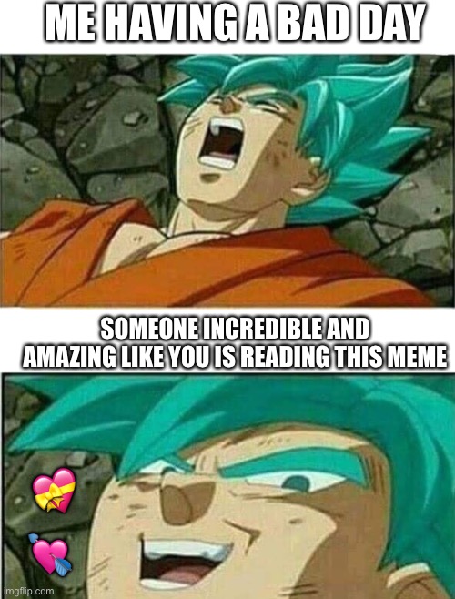 That smirk says it all | ME HAVING A BAD DAY; SOMEONE INCREDIBLE AND AMAZING LIKE YOU IS READING THIS MEME; 💝; 💘 | image tagged in dragon ball z,wholesome | made w/ Imgflip meme maker