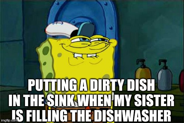 annoying your siblings | PUTTING A DIRTY DISH IN THE SINK WHEN MY SISTER IS FILLING THE DISHWASHER | image tagged in memes,don't you squidward | made w/ Imgflip meme maker