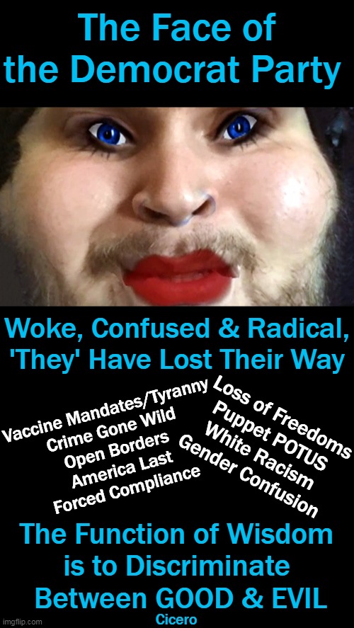 When liberty is sacrificed, authoritarians destroy. When authoritarians destroy, they never (ever) "Build Back Better." --Ron Pa | The Face of the Democrat Party; Woke, Confused & Radical,
'They' Have Lost Their Way; Vaccine Mandates/Tyranny
Crime Gone Wild
Open Borders
America Last
Forced Compliance; Loss of Freedoms
Puppet POTUS 
White Racism 
Gender Confusion; The Function of Wisdom 
is to Discriminate 
Between GOOD & EVIL; Cicero | image tagged in politics,liberals vs conservatives,democrats,cicero,ron paul,liberalism | made w/ Imgflip meme maker