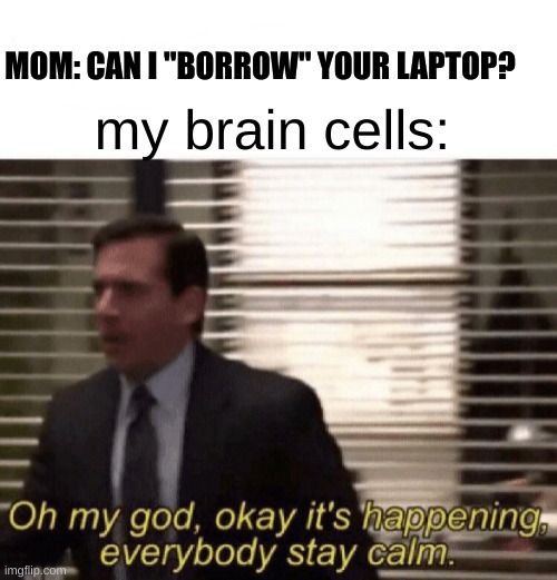 Oh my god,okay it's happening,everybody stay calm | my brain cells: MOM: CAN I "BORROW" YOUR LAPTOP? | image tagged in oh my god okay it's happening everybody stay calm | made w/ Imgflip meme maker