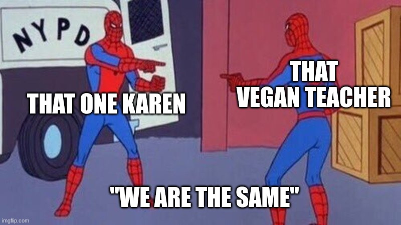 Karen are like | THAT VEGAN TEACHER; THAT ONE KAREN; "WE ARE THE SAME" | image tagged in spiderman pointing at spiderman | made w/ Imgflip meme maker