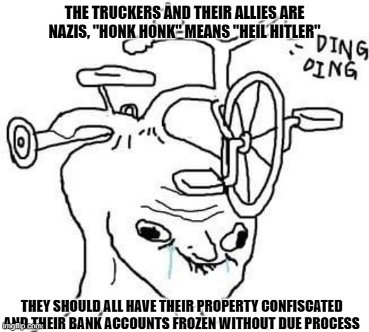 Emergency Brainlet | THE TRUCKERS AND THEIR ALLIES ARE NAZIS, "HONK HONK" MEANS "HEIL HITLER"; THEY SHOULD ALL HAVE THEIR PROPERTY CONFISCATED AND THEIR BANK ACCOUNTS FROZEN WITHOUT DUE PROCESS | image tagged in wojak,justin trudeau,canada,hypocrisy | made w/ Imgflip meme maker