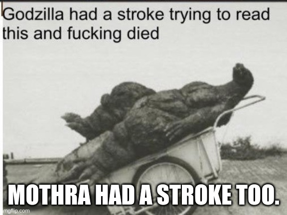 Godzilla | MOTHRA HAD A STROKE TOO. | image tagged in godzilla | made w/ Imgflip meme maker