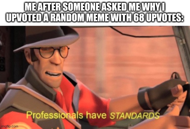 Professionals have standards | ME AFTER SOMEONE ASKED ME WHY I UPVOTED A RANDOM MEME WITH 68 UPVOTES: | image tagged in professionals have standards | made w/ Imgflip meme maker