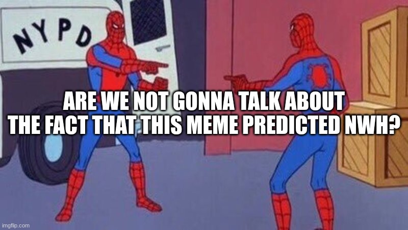 straight up facts |  ARE WE NOT GONNA TALK ABOUT THE FACT THAT THIS MEME PREDICTED NWH? | image tagged in spiderman pointing at spiderman | made w/ Imgflip meme maker
