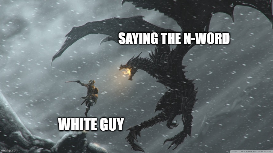 Skyrim Dragon Fight | SAYING THE N-WORD; WHITE GUY | image tagged in skyrim dragon fight | made w/ Imgflip meme maker