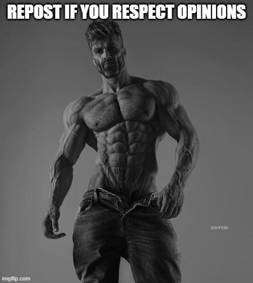 giga chad | REPOST IF YOU RESPECT OPINIONS | image tagged in giga chad | made w/ Imgflip meme maker