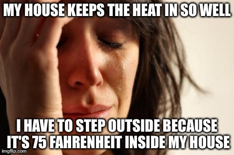 First World Problems Meme | MY HOUSE KEEPS THE HEAT IN SO WELL I HAVE TO STEP OUTSIDE BECAUSE IT'S 75 FAHRENHEIT INSIDE MY HOUSE | image tagged in memes,first world problems | made w/ Imgflip meme maker