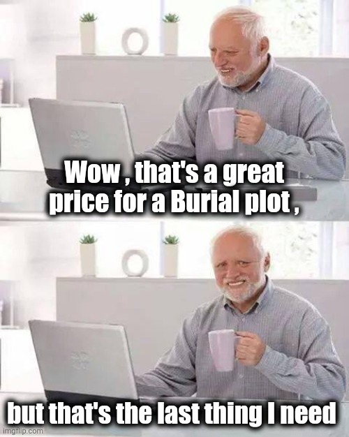 Your fate is sealed | Wow , that's a great price for a Burial plot , but that's the last thing I need | image tagged in memes,hide the pain harold,bad joke,graveyard,humor | made w/ Imgflip meme maker