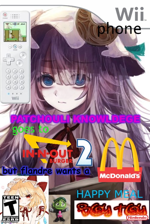 Make It Official Cowards 2: Electric Boogaloo | phone; PATCHOULI KNOWLDEGE; goes to; but flandre wants a; HAPPY MEAL | image tagged in fake gamer covers,patchouli knowledge,touhou | made w/ Imgflip meme maker