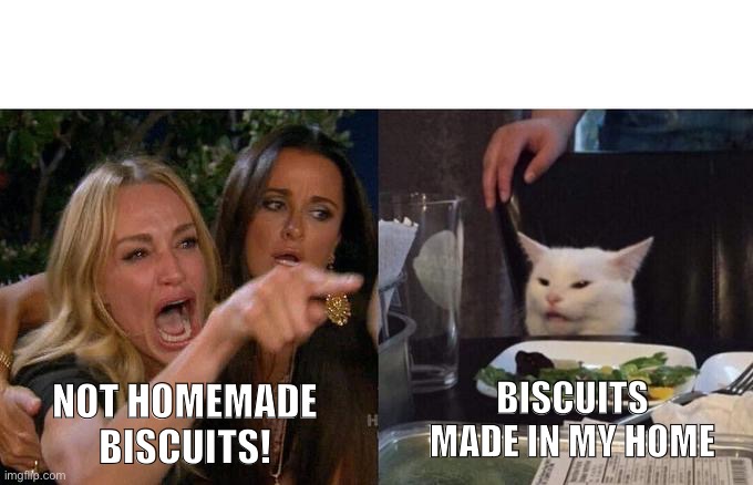 Not Homemade Biscuits! | BISCUITS MADE IN MY HOME; NOT HOMEMADE BISCUITS! | image tagged in memes,woman yelling at cat,biscuits,homemade,baking,dmv | made w/ Imgflip meme maker