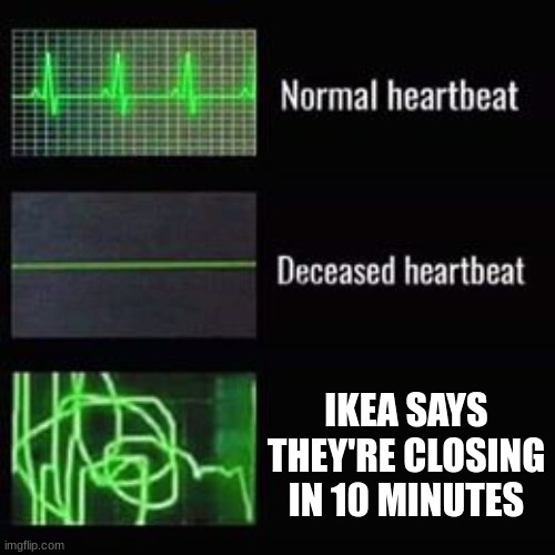 HOLY CRAP WHERE"S THE EXIT!? | IKEA SAYS THEY'RE CLOSING IN 10 MINUTES | image tagged in heartbeat rate | made w/ Imgflip meme maker