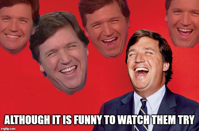 Tucker laughs at libs | ALTHOUGH IT IS FUNNY TO WATCH THEM TRY | image tagged in tucker laughs at libs | made w/ Imgflip meme maker