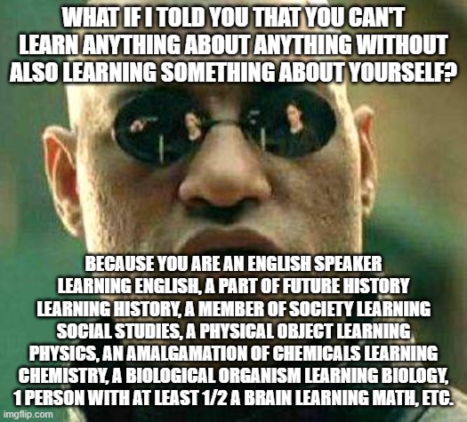 "You cannot teach a man anything; you can only help him to find it within himself." - Galileo Galilei | WHAT IF I TOLD YOU THAT YOU CAN'T LEARN ANYTHING ABOUT ANYTHING WITHOUT ALSO LEARNING SOMETHING ABOUT YOURSELF? BECAUSE YOU ARE AN ENGLISH SPEAKER LEARNING ENGLISH, A PART OF FUTURE HISTORY LEARNING HISTORY, A MEMBER OF SOCIETY LEARNING SOCIAL STUDIES, A PHYSICAL OBJECT LEARNING PHYSICS, AN AMALGAMATION OF CHEMICALS LEARNING CHEMISTRY, A BIOLOGICAL ORGANISM LEARNING BIOLOGY, 1 PERSON WITH AT LEAST 1/2 A BRAIN LEARNING MATH, ETC. | image tagged in what if i told you,teaching,learning,know yourself,education,galileo | made w/ Imgflip meme maker