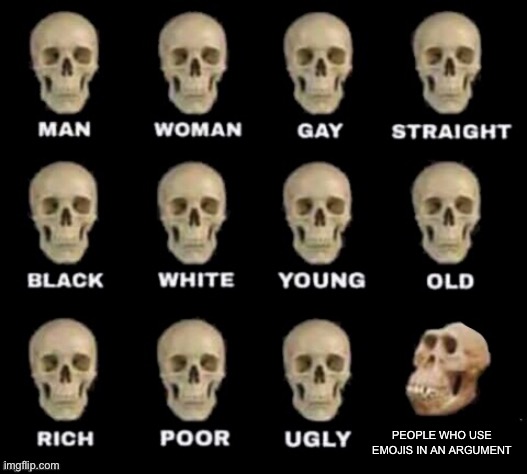 idiot skull | PEOPLE WHO USE EMOJIS IN AN ARGUMENT | image tagged in idiot skull,memes | made w/ Imgflip meme maker