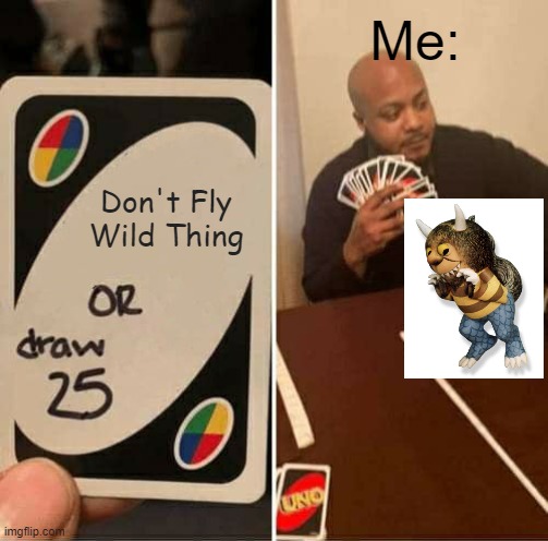 UNO Draw 25 Cards | Me:; Don't Fly Wild Thing | image tagged in memes,uno draw 25 cards | made w/ Imgflip meme maker